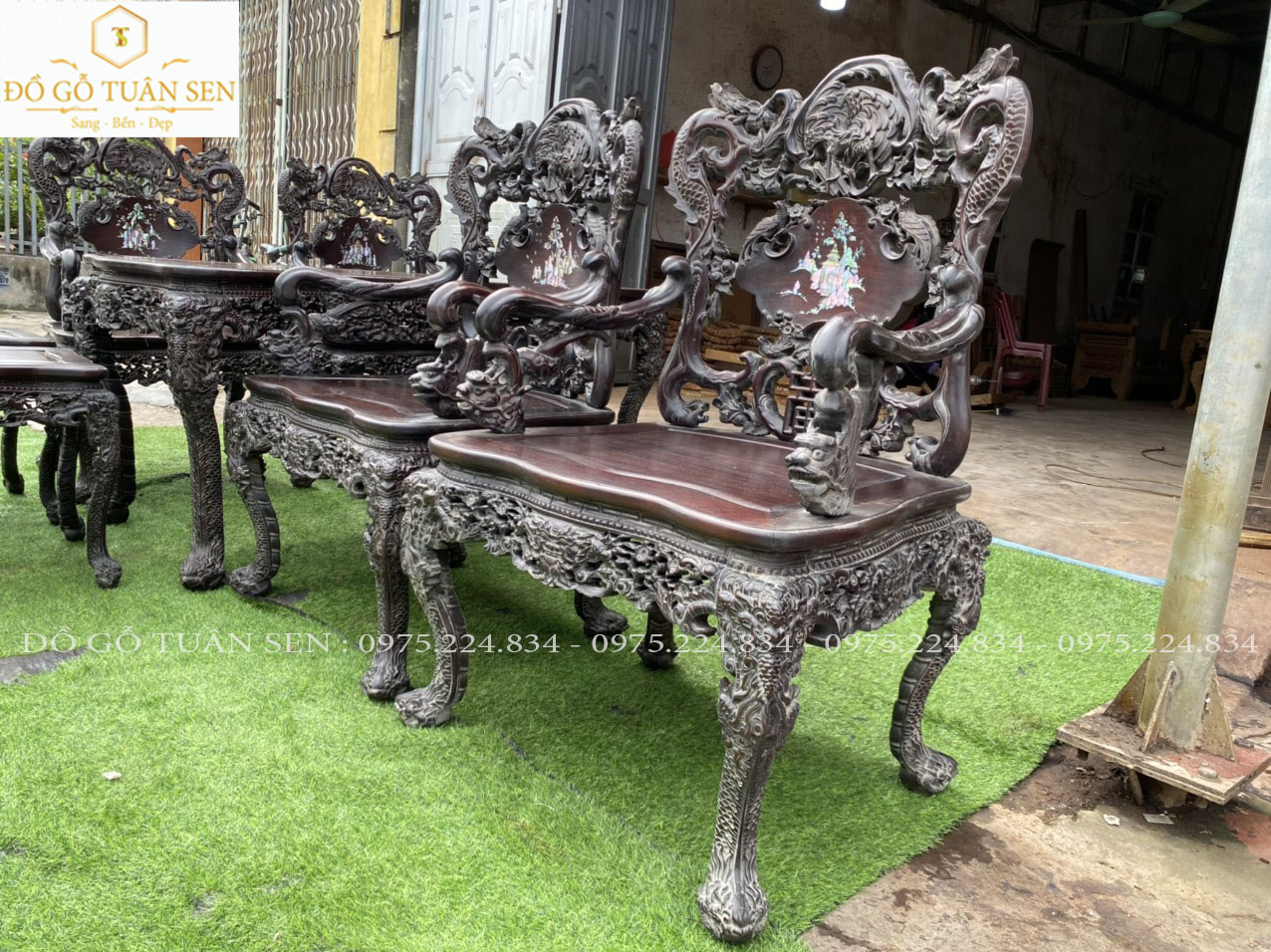 Hình ảnh chi tiết về bộ bàn ghế khánh rồng 7 món 